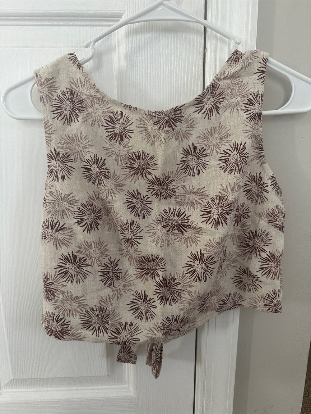 Floral Tie-Front Sleeveless Top - Cream and Brown